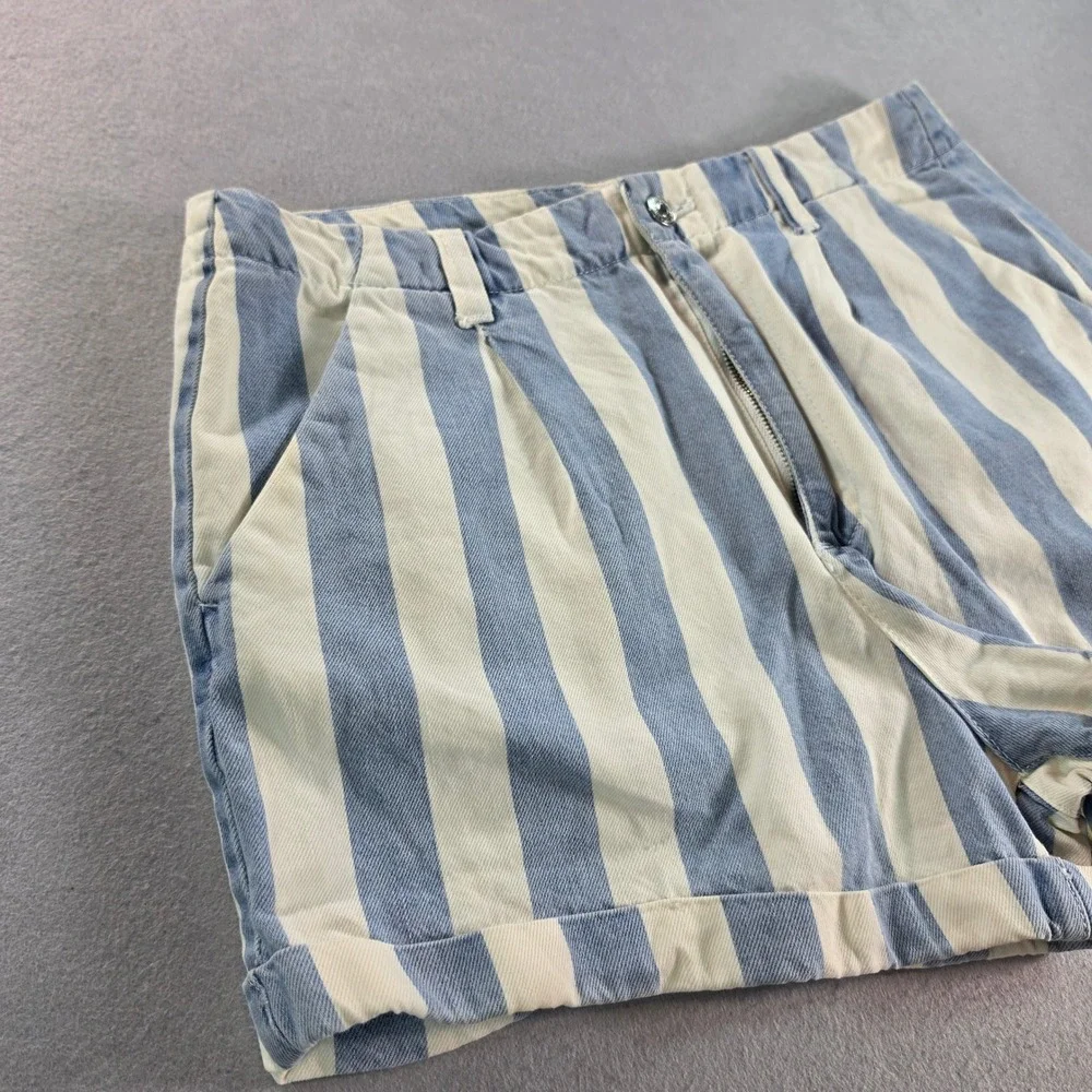 Blue & White Nautical Striped High-Waisted Pleated Grandma Denim Shorts 29